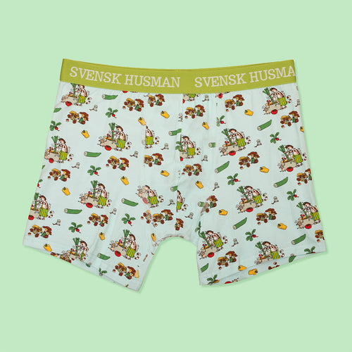 Mintgröna boxerkalsonger med mönster av Findus Grönsakssoppa och grönt resårband från Svenskhusman.