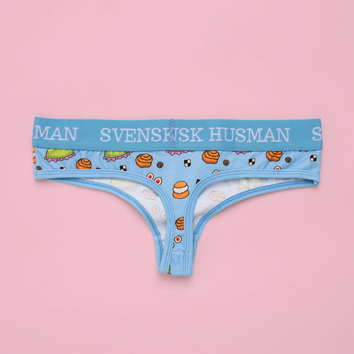 Baby blue cotton thongs with a Swedish fika pattern and logo elastic waistband from Svenskhusman.