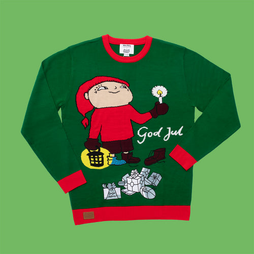 Grüner Weihnachtspullover für Herren mit Alfons Åberg-Motiv, roten Details und God Jul-Schriftzug von Svenskhusman.