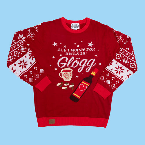 Roter Weihnachtspullover mit Glühwein-Motiv und dem Text All I Want For Xmas Is Glögg von Svenskhusman.