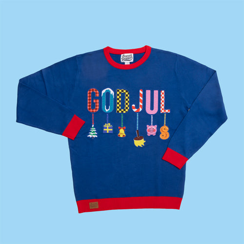Blauer Damen-Strickpullover mit „God Jul“-Schriftzug und hängenden Weihnachtsmotiven von Svenskhusman.