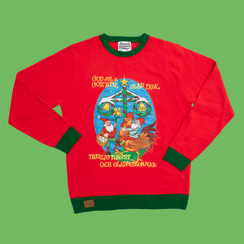 Roter gestrickter Weihnachtspullover mit Wichteln, Mittsommerstange und schwedischen Traditionen von Svenskhusman.