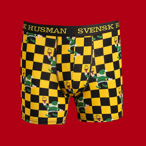 Gula och svarta schackrutiga boxerkalsonger med målande tomtar från Svenskhusmans kollektion Tomteverkstad.