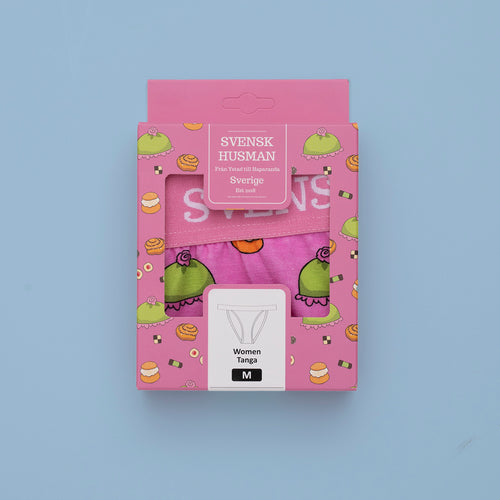 Pink box for Svenskhusman tanga panties featuring a fika pattern of classic Swedish pastries.