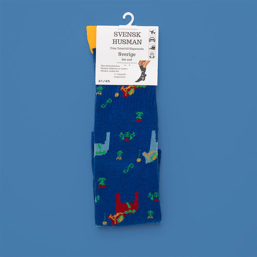 Blue support stockings with colorful Dala horse motifs and graduated compression from Svenskhusman.