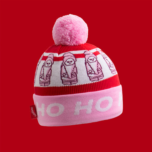Stickad röd och rosa mössa med Juleskum-tomtar och fluffig rosa tofs - Svenskhusman