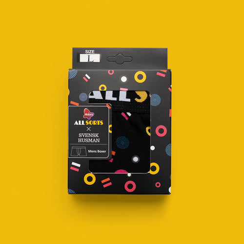 Svart förpackning för Boxer ALLSORTS - Originalet med Malaco lakritskonfekt - Svenskhusman