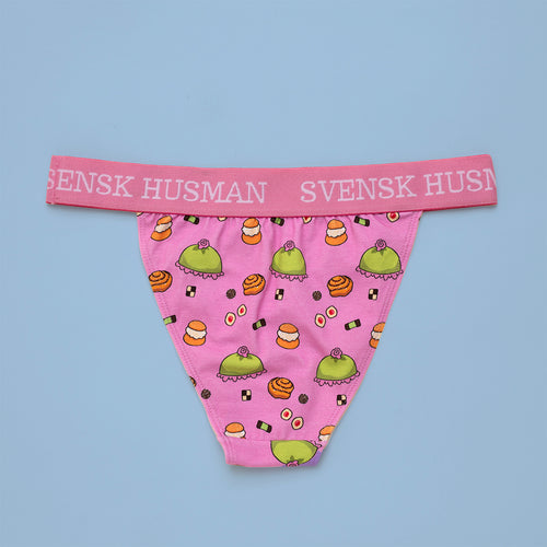Pink fika pattern tanga panties with Swedish pastry motifs and a branded Svenskhusman waistband.