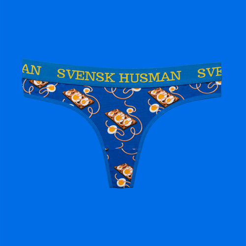 Blå stringtrosor thong i bomull med mönster av kaviarmacka - Svenskhusman