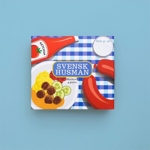 Presentbox för Matbord 4-pack strumpor med motiv av köttbullar och falukorv - Svenskhusman