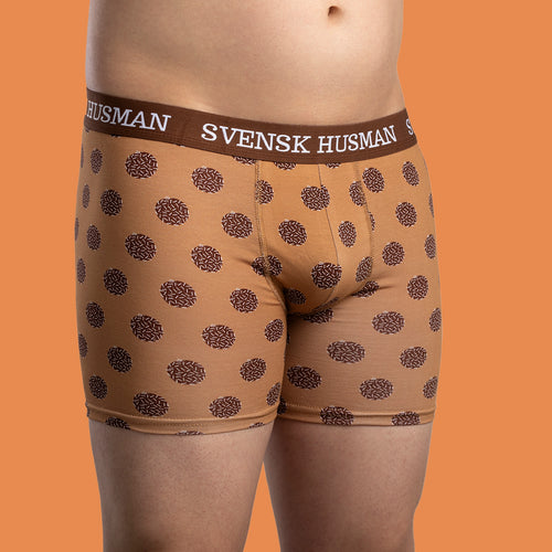 Boxerkalsonger i bomull med chokladbollsmönster på en herrmodell från Svenskhusman