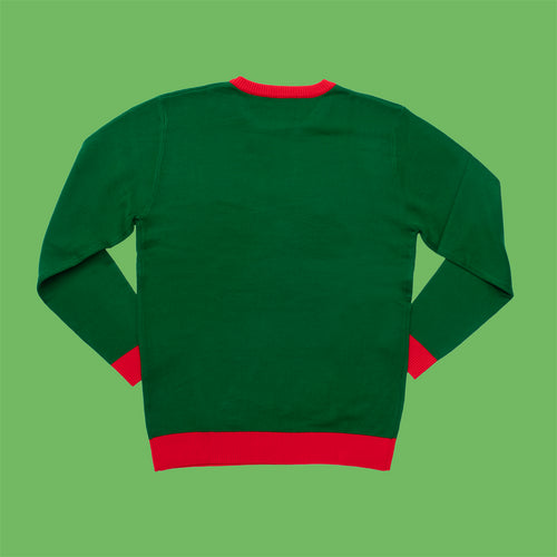Back view of a green knitted Christmas sweater with red cuffs from the Alfons Åberg collection by Svenskhusman.