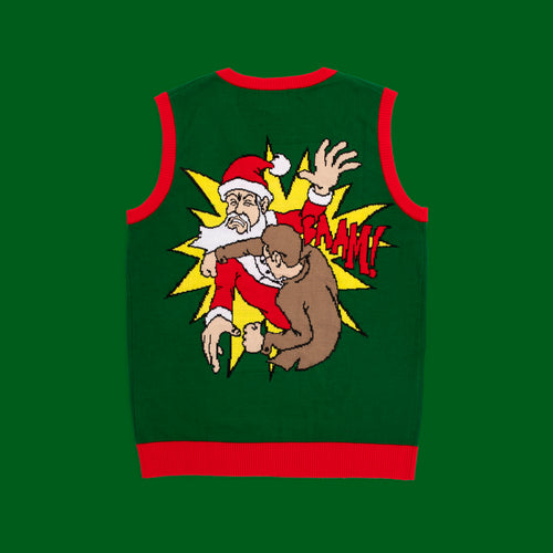 Grüne Strickweste mit rotem Rand und dem frechen Santa-Devil-Motiv von Svenskhusman.