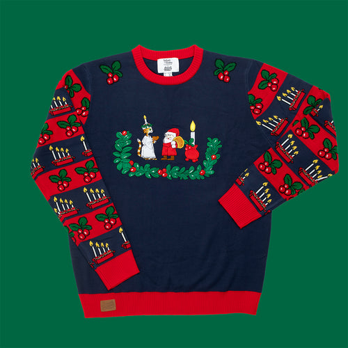 Mörkblå jultröja med röda mönstrade ärmar och Findus som lucia - Svenskhusman