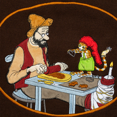 Brauner Weihnachtspullover mit besticktem Motiv von Pettersson und Findus beim Lebkuchenbacken, Svenskhusman