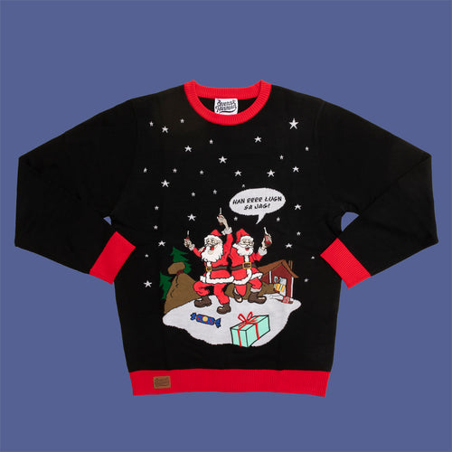Schwarzer gestrickter Herren-Weihnachtspullover mit roten Details und Weihnachtsmann-Motiv von Svenskhusman.