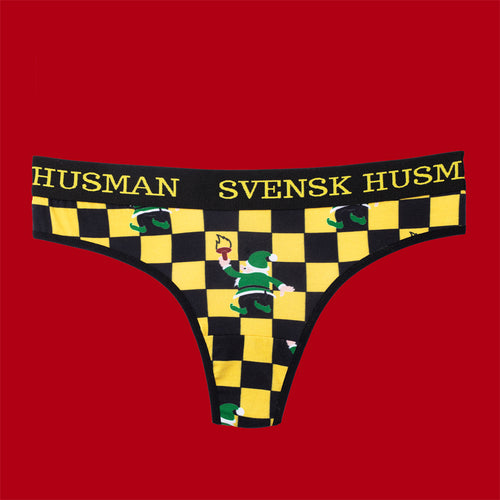 Gula och svarta schackrutiga stringtrosor med tomtemotiv från kollektionen "Sån där färg" - Svenskhusman