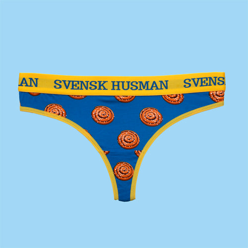 Blå stringtrosor thong med kanelbullemönster och gul resår - Svenskhusman