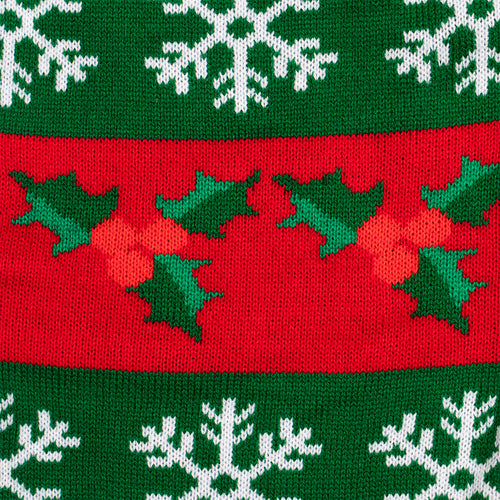 Strickmuster-Detail mit Schneeflocken und Stechpalmen vom Svenskhusman SAY MAMA Weihnachtspullover.