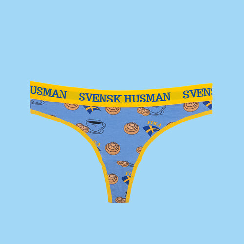 Blå stringtrosor Thong med Fika Kanelbulle-mönster och gult resår - Svenskhusman