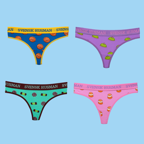 Färgglada stringtrosor i 4-pack med mönster av klassiska svenska fikafavoriter - Svenskhusman