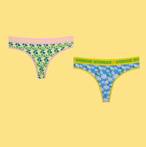 2-pack färgglada stringtrosor med mönster av blåklockor och prästkragar från Svenskhusman.