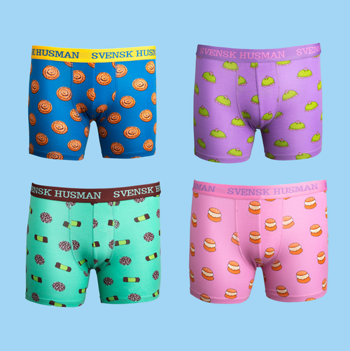 4-pack boxerkalsonger med mönster av kanelbullar, semlor, dammsugare och prinsesstårtor från Svenskhusman.