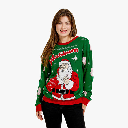 Grön jultröja för dam med motiv av klassiskt Juleskum och en jultomte från Svenskhusman.