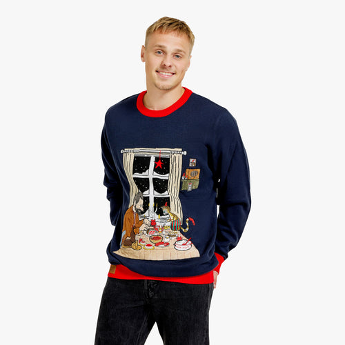 Stickad blå jultröja för herr med Pettson & Findus julbordsmotiv från Svenskhusman.