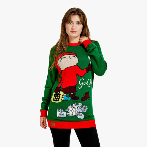 Grön jultröja för dam med Alfons Åberg-motiv och texten God Jul från Svenskhusman.