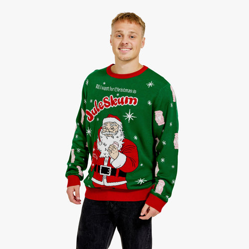 Grön stickad jultröja för herr med Cloetta Juleskum-motiv och tomte från Svenskhusman.