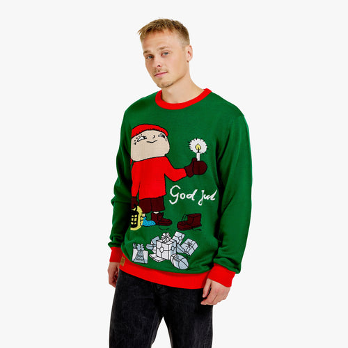Grön jultröja för herr med Alfons Åberg-motiv och texten God Jul - Svenskhusman
