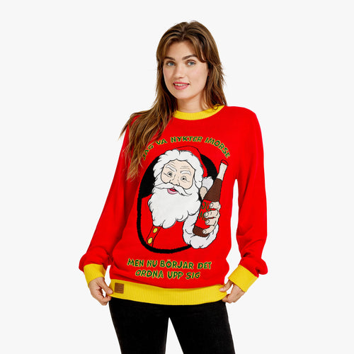 Röd jultröja för dam med jultomte, gul krage och texten Jag va nykter i morse, från Svenskhusman.