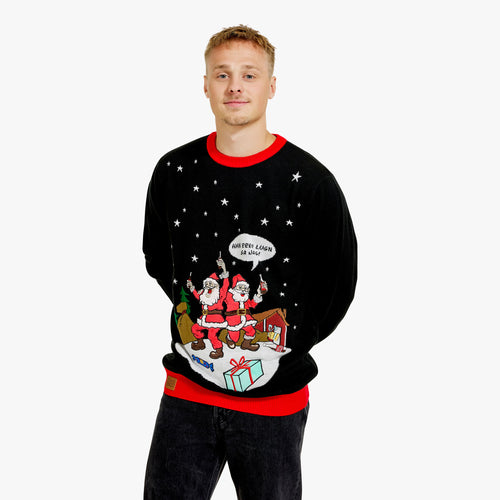 Schwarzer Herren-Weihnachtspullover mit Weihnachtsmännern und dem Text 