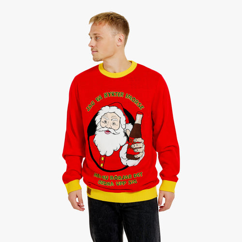 Röd jultröja för herr med tomte och texten Jag va nykter i morse från Svenskhusman.
