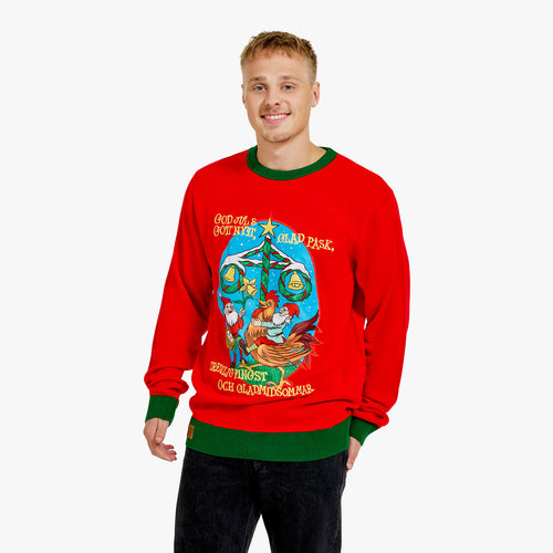 Roter Weihnachtspullover für Herren mit Wichteln und Mittsommerstange von Svenskhusman.
