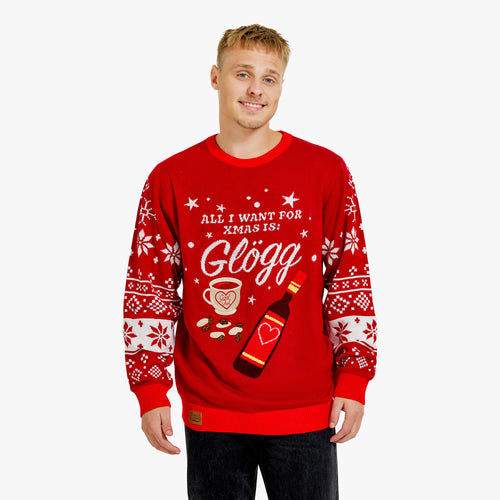 Röd jultröja för herr med texten All I Want For Xmas Is Glögg och motiv - Svenskhusman