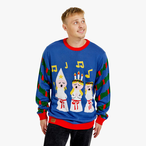 Blauer Herren-Weihnachtspullover mit Lucia-Motiv, Brautjungfern und Sternenjungen von Svenskhusman.