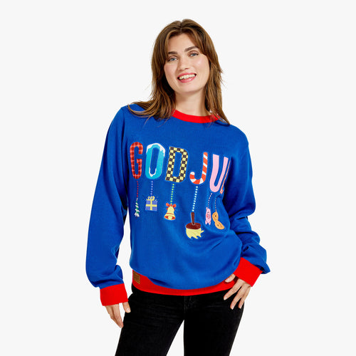 Stickad blå jultröja för dam med texten God Jul och lekfulla figurer från Svenskhusman.