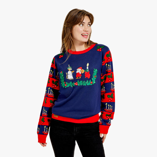Stickad blå jultröja för dam med motiv av Findus som lucia och Pettson - Svenskhusman