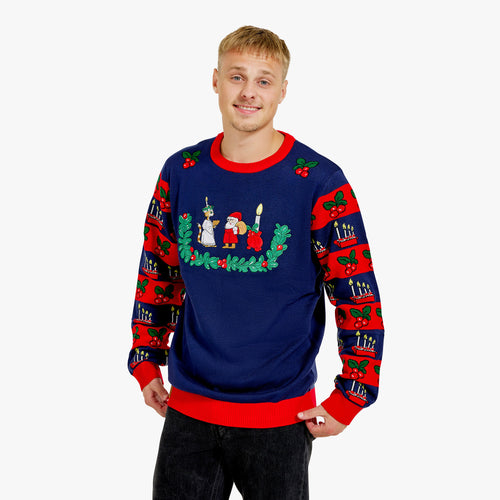 Mörkblå jultröja för herrar med motiv av Findus lucia och röda kanter - Svenskhusman