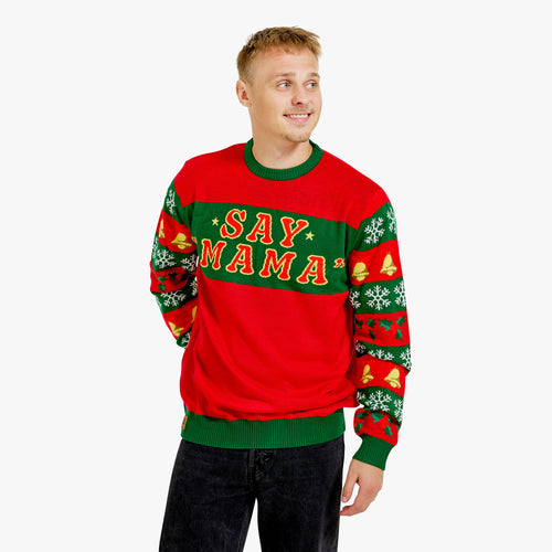 Roter und grüner SAY MAMA Weihnachtspullover für Herren mit Schneeflocken und Glöckchen von Svenskhusman
