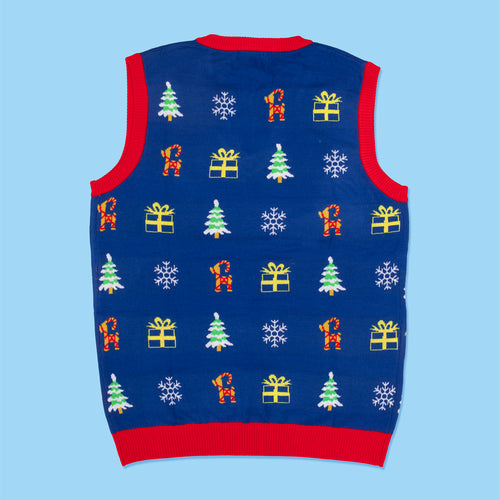 Blaue gestrickte Weihnachtsweste für Damen mit Mustern von Tannenbäumen und Julböcken von Svenskhusman.