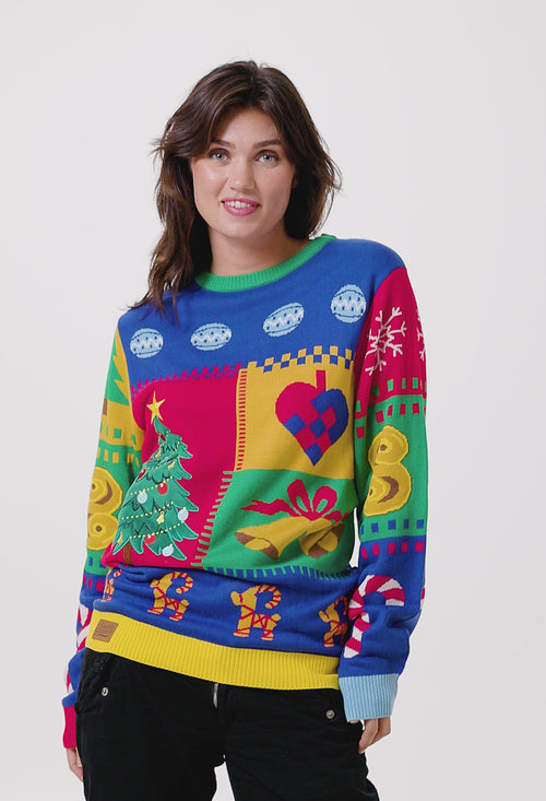 Flerfärgad stickad jultröja för dam med färgpatch och julmotiv från Svenskhusman.